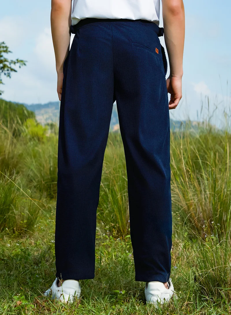 CAHOOT  Men's Navy Blue Tailored Waffle Trousers For Casual Wear | Mid-Rise | Regular Fit | Button Closure | Trousers Crafted With Comfort Fit For Everyday Wear for Men | Best Price UAE